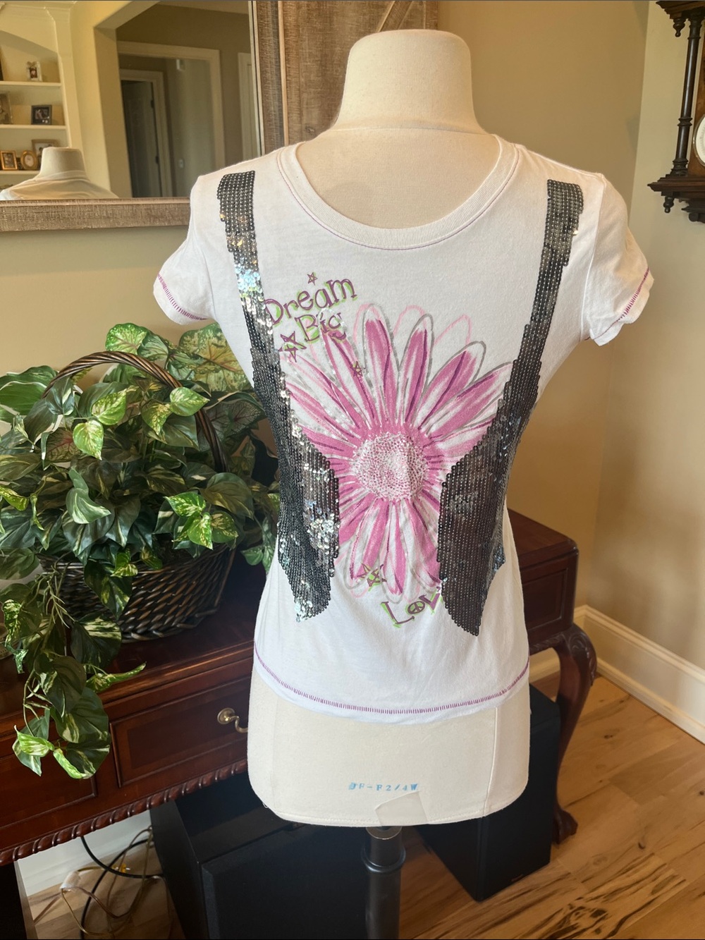 Justice Sequined White Tee Flower Dream Big